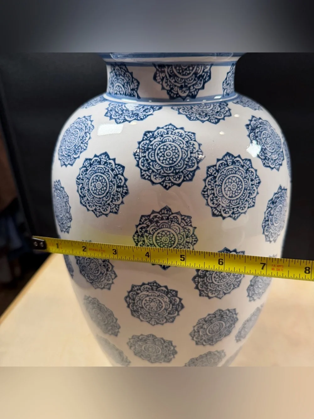 Home Essentials Tall Floor Vase Blue & White Vase With Medallions 16.5” H